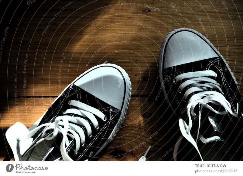 Schwarz-weiße Sneakers auf Holzfußboden mit Sonnenlicht und Schatten Turnschuh Chucks Schuhbänder schwarz-weiss Dielen neu offen locker Farbfoto Innenaufnahme