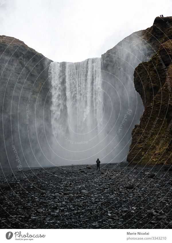 Wasserfall Skógafoss in Island im Sommer Umwelt Natur Landschaft Urelemente Wassertropfen Wolken Wetter Gras Berge u. Gebirge atmen Blick warten Gedeckte Farben