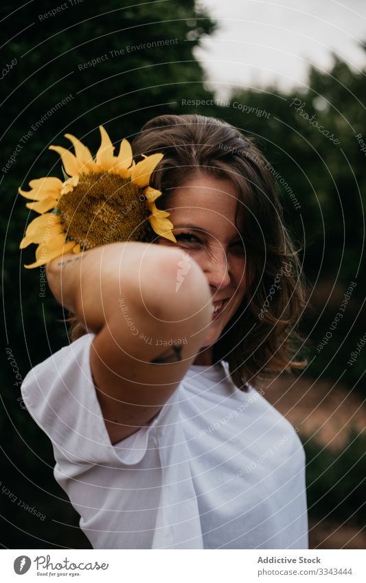 Sorglos ruhende Frau mit Sonnenblume Sommer Flora Natur Licht Blume Wald Stehen Urlaub sorgenfrei Freiheit aussruhen entspannend Tourismus reisen Lifestyle jung