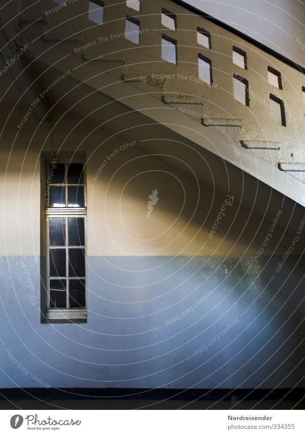 Grafisch | Ölfarbe Innenarchitektur Raum Fabrik Haus Gebäude Architektur Mauer Wand Treppe Fenster Stein Beton Ornament eckig kalt blau gelb weiß ästhetisch