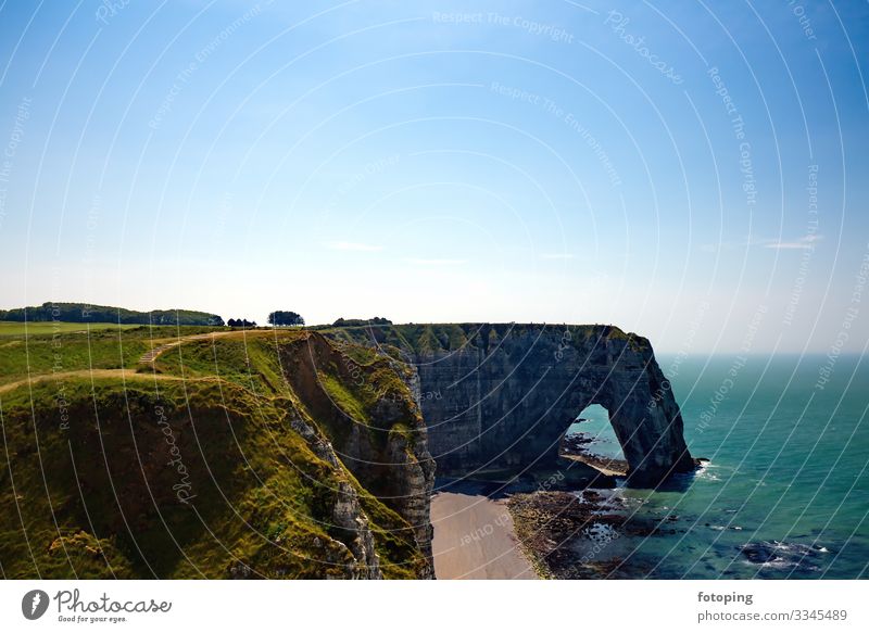 Etretat Ferien & Urlaub & Reisen Tourismus Ausflug Sightseeing Sommer Sonne Strand Meer Landschaft Wasser Wolken Küste Stadt Sehenswürdigkeit natürlich blau