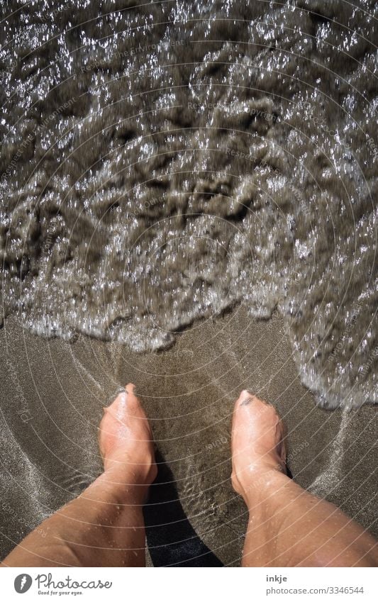 Meeresrauschen in braun Farbfoto Vogelperspektive sonnengebräunt Küste Brandung Sandstrand Barfuß Mitte Wasser nass untergehen Wärme Sommer dunkelbraun fein