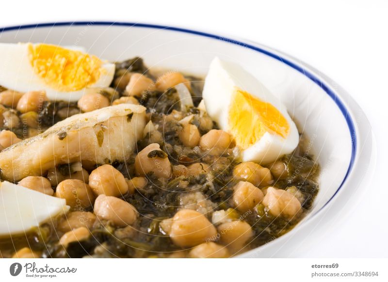 Kichererbseneintopf mit Spinat und Kabeljau oder Potaje de Vigilia Brot kochen & garen lecker Ostern Fisch Lebensmittel Gesunde Ernährung Foodfotografie