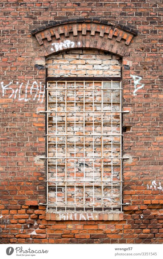 Null Durchblick garantiert Fabrik Fenster Stein Metall alt Stadt braun grau Mauer Gitter Fassade Sicherheit Farbfoto Gedeckte Farben Außenaufnahme Nahaufnahme