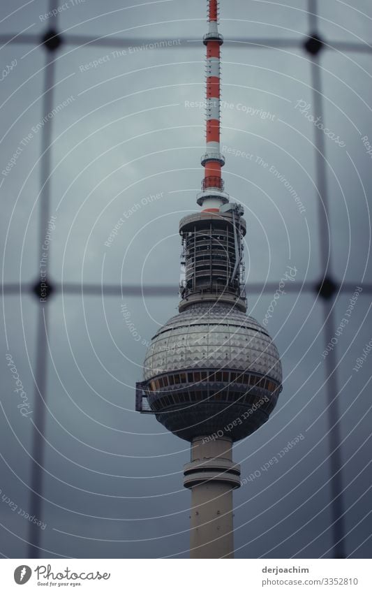 Berliner Fernsehturm hinter Gitter. Nahaufnahme Turm Architektur Wahrzeichen Himmel Hauptstadt Sehenswürdigkeit Farbfoto Deutschland Bauwerk Menschenleer