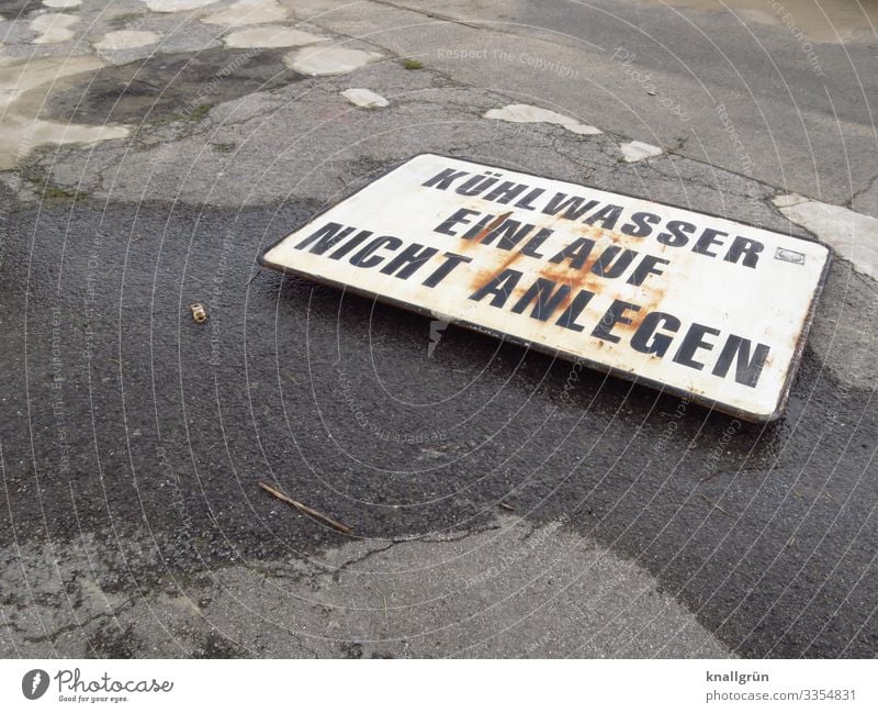 Sturmschaden Schriftzeichen Schilder & Markierungen Hinweisschild Warnschild Kommunizieren liegen kaputt grau schwarz weiß Zerstörung Farbfoto Außenaufnahme