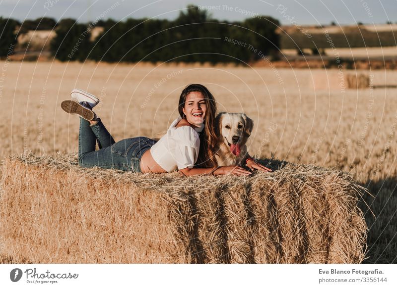 junge schöne Frau, die bei Sonnenuntergang mit ihrem Golden Retriever-Hund auf einem gelben Feld spazieren geht. Natur und Lebensstil im Freien Sommer Mode