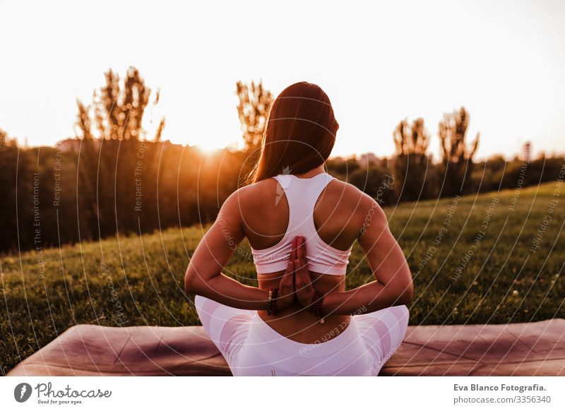 junge schöne asiatische Frau, die bei Sonnenuntergang in einem Park Yoga macht. Konzept für Yoga und gesunde Lebensweise. Rückansicht Jugendliche Sommer Glück