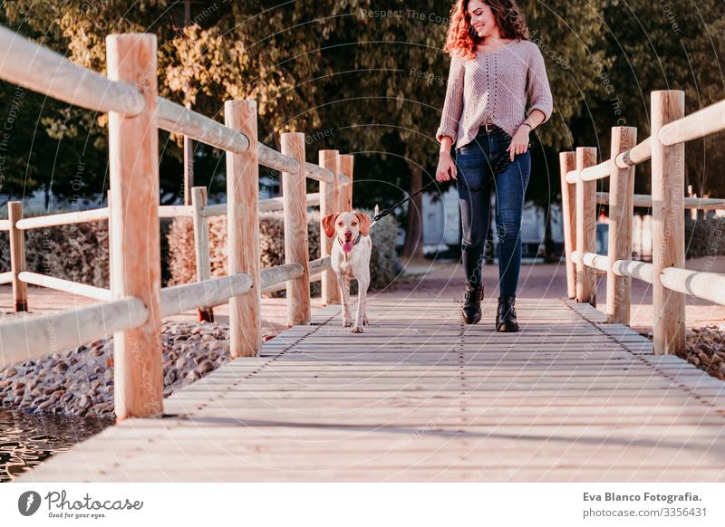 junge Frau und ihr Hund im Freien beim Spaziergang an einer Holzbrücke in einem Park mit See. sonniger Tag, Herbstzeit Porträt Jugendliche Außenaufnahme Liebe