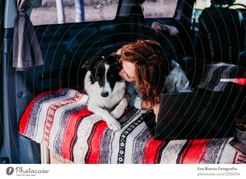 Frau und Border-Collie-Hund in einem Lieferwagen. Frau arbeitet am Laptop. Reisekonzept Border Collie Kleintransporter Van Leben Ferien & Urlaub & Reisen