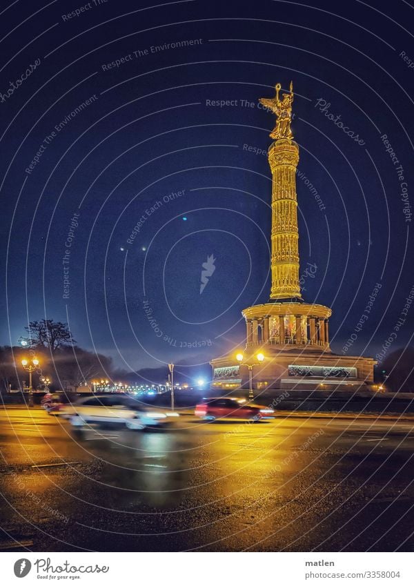 Siegessäule Stadt Hauptstadt Stadtzentrum Platz Bauwerk Architektur Sehenswürdigkeit Wahrzeichen Verkehr Straßenkreuzung PKW fahren blau braun gold rot weiß