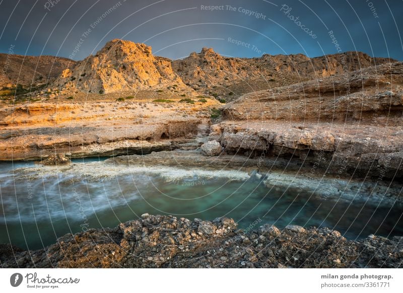 Kreta. Meer Berge u. Gebirge Natur Landschaft Küste blau braun Europa mediterran Griechenland Crete Lasithi Goudouras Klippe Morgen Langzeitbelichtung