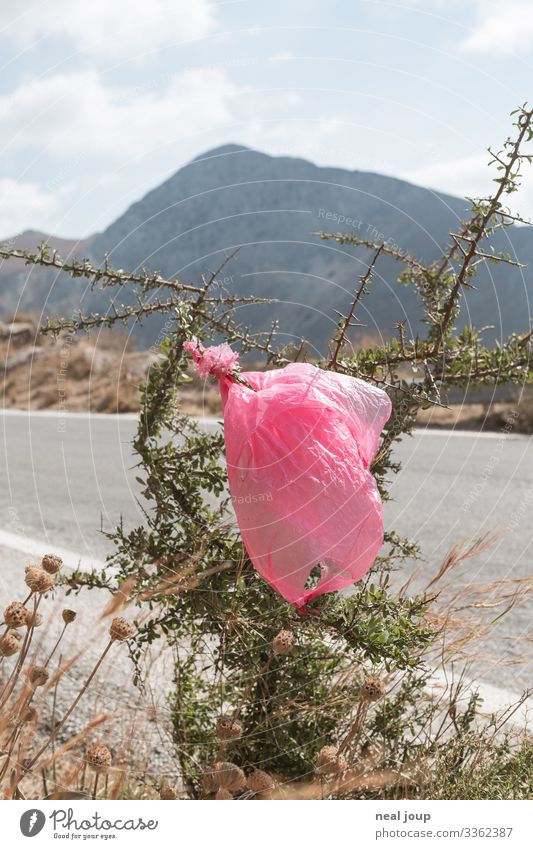 Elegantly wasted -I- Reichtum Umwelt Natur Sträucher Berge u. Gebirge Verpackung Kunststoffverpackung Plastiktüte Müll trashig trist ignorant Hemmungslosigkeit