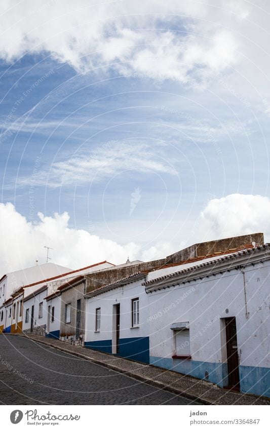 empty streets (27). Haus Straße Fassade Außenaufnahme Farbfoto Menschenleer Gebäude Bauwerk Fenster Wand Stadt trist Textfreiraum oben anstieg bergauf Portugal