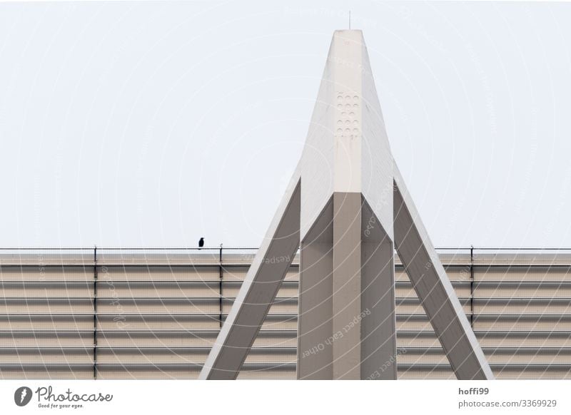 Krähe und Träger Wolkenloser Himmel Frühling Herbst Stadt Industrieanlage Fabrik Gebäude Stadthalle Fassade Dach Vogel Rabenvögel 1 Tier Auslegerbrücke Beton