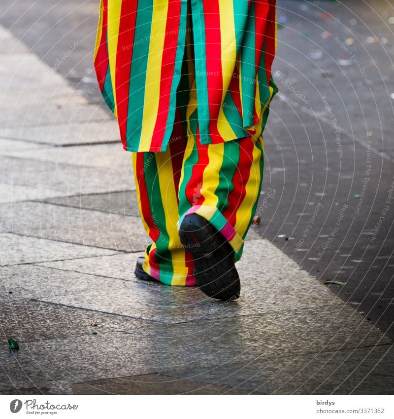 Ein Jeck Karneval maskulin feminin 1 Mensch Fußgänger Bürgersteig Karnevalskostüm Linie Streifen Feste & Feiern gehen authentisch Fröhlichkeit lustig positiv