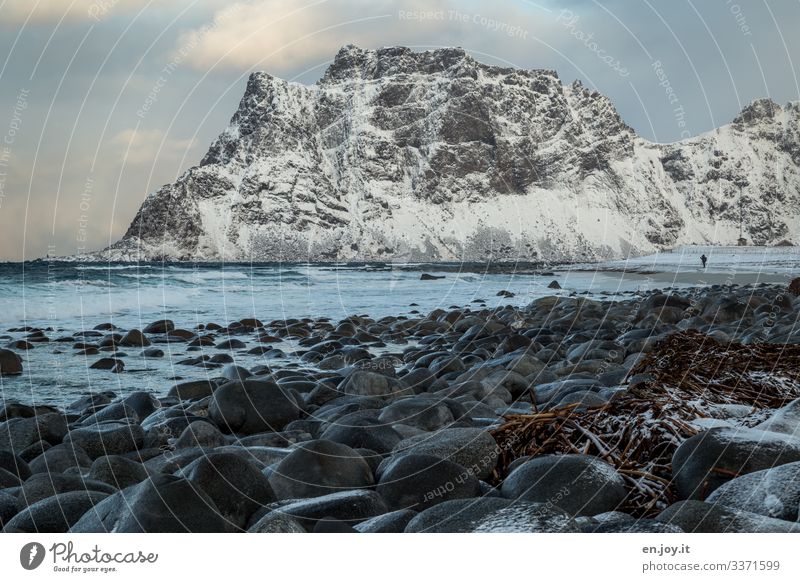 Uttakleiv Ferien & Urlaub & Reisen Tourismus Strand Meer 1 Mensch Natur Landschaft Winter Felsen Berge u. Gebirge Schneebedeckte Gipfel Wellen Küste Lofoten