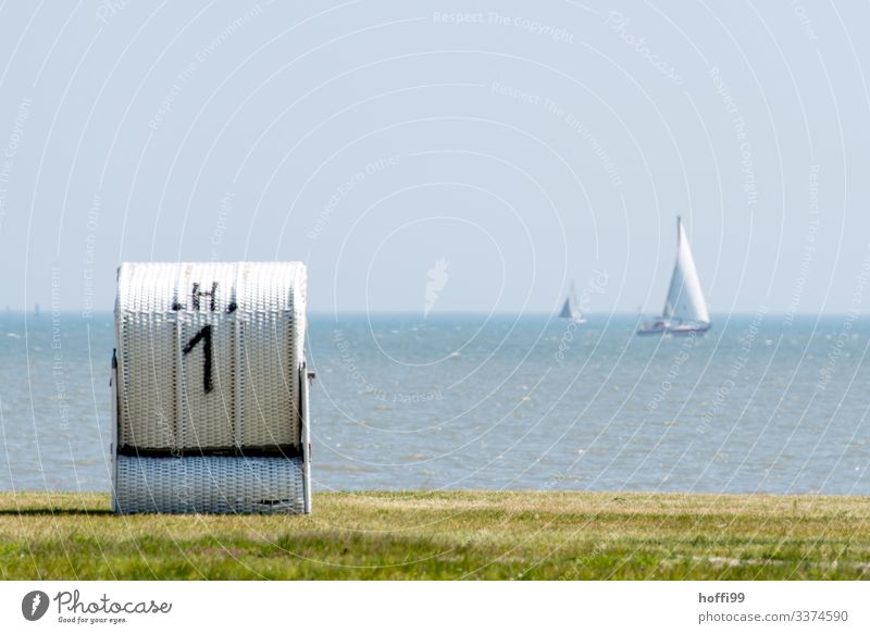 Strandkorb auf grüner Wiese mit Segelboten im Hintergrund Segeln Ferien & Urlaub & Reisen Sommerurlaub Meer Wolkenloser Himmel Sonne Frühling Schönes Wetter