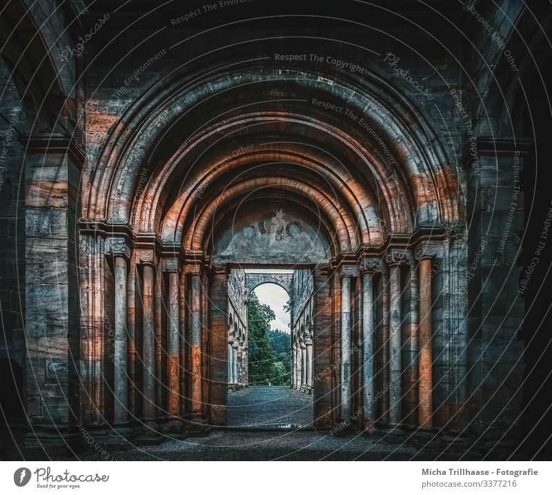 Eingangsportal Paulinzella Deutschland Ruine Bauwerk Architektur Kloster Portal Säule Torbogen Mauer Wand Fassade entdecken gigantisch groß blau braun grün