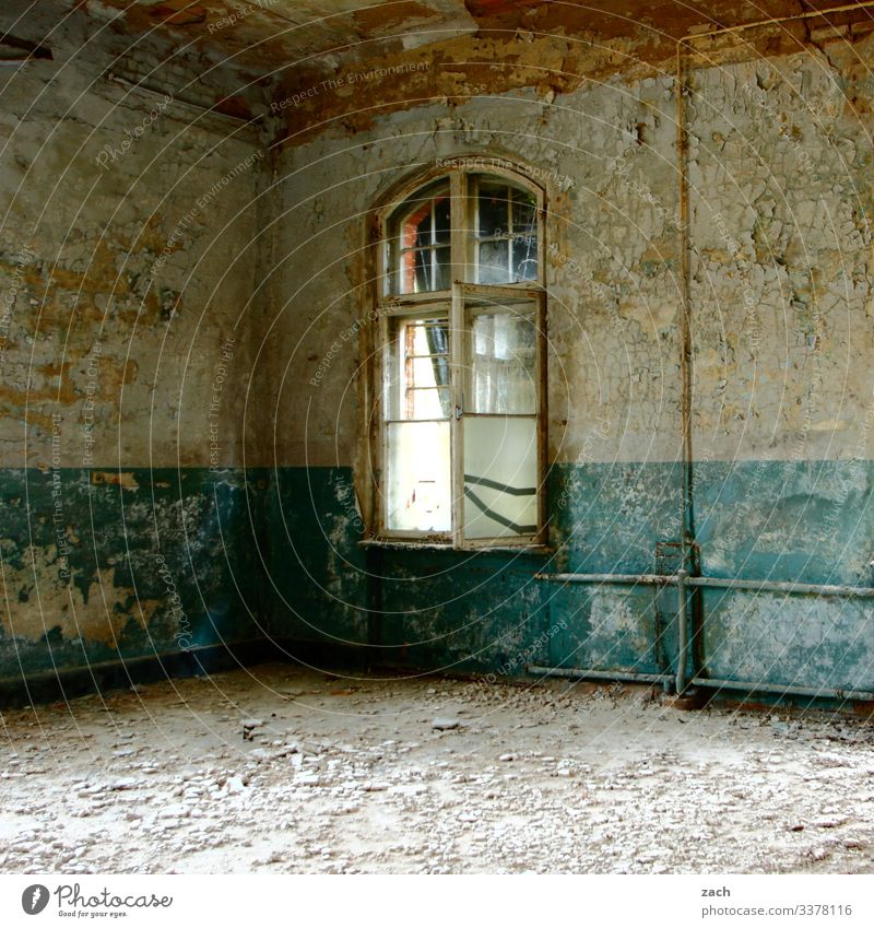 offenes Fenster in einem verlassenen Gebäude Ruine alt kaputt Verfall Haus Innenaufnahme Vergänglichkeit Zerstörung Wand Mauer Renovieren Farbfoto Vergangenheit