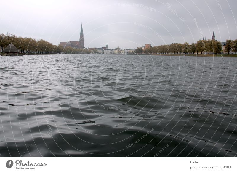 Schwerin Umwelt Pflanze Wasser Himmel Wolken Gewitterwolken Klima Wetter Wind Baum Gras Park Wiese Wellen Seeufer Teich Mecklenburg-Vorpommern Stadt Hauptstadt