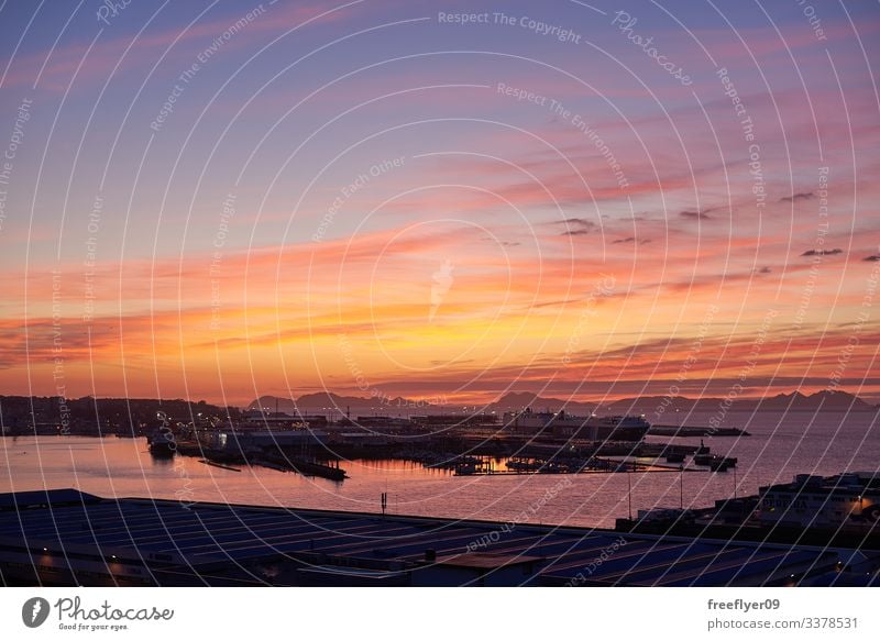 Sonnenuntergang über dem Hafen von Vigo (Galizien, Spanien) Galicia MEER Meer Horizont Höhe Himmel Wolken Nacht Uferlinie Küstenstreifen Portwein Wasser Gebäude