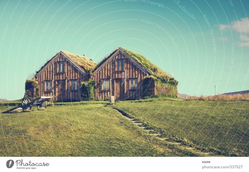 Doppelhausganzes Häusliches Leben Wohnung Haus Umwelt Natur Himmel Wolken Gras Wiese Hütte Fenster Dach Wege & Pfade Wachstum nachhaltig blau grün Idylle