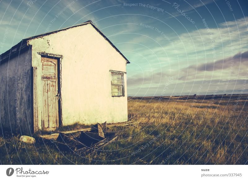 Hauslicht Abenteuer Umwelt Natur Landschaft Himmel Wolken Horizont Sommer Schönes Wetter Gras Wiese Hütte Ruine Fassade Fenster Tür alt Tod Einsamkeit