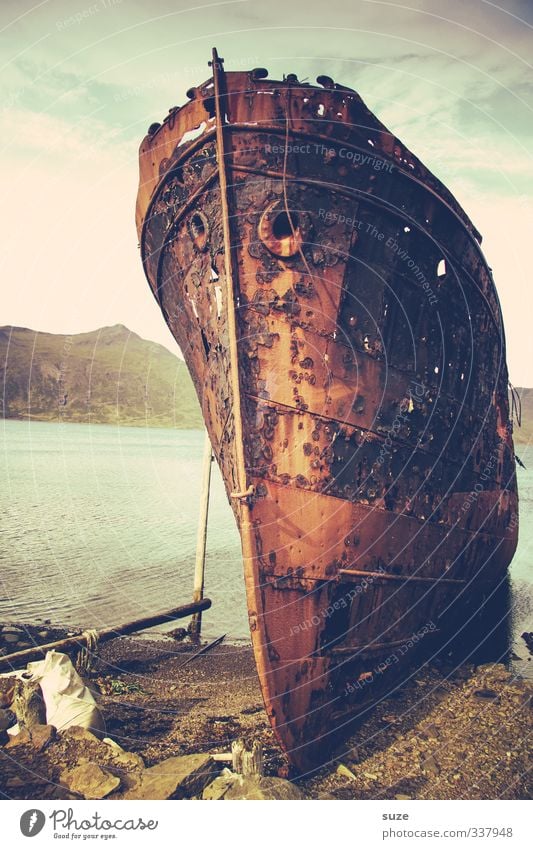 Eiserne Lady Umwelt Natur Landschaft Wasser Küste Seeufer Bucht Meer Hafen Schifffahrt Öltanker Wasserfahrzeug Stein Rost alt dunkel fantastisch kaputt