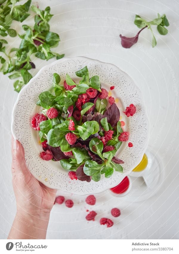 Person hält Teller mit Himbeer-Spinat-Salat Himbeeren Salatbeilage Koch frisch Beeren organisch süß lecker geschmackvoll natürlich grün Vegetarier Gesundheit