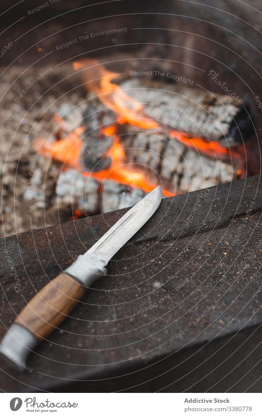 Jagdmesser neben dem Kamin Feuer Messer Feuerstelle Freudenfeuer Flamme erwärmen Brandwunde heiß jagen hölzern Brennholz Werkzeug Stahl Instrument Holz bügeln