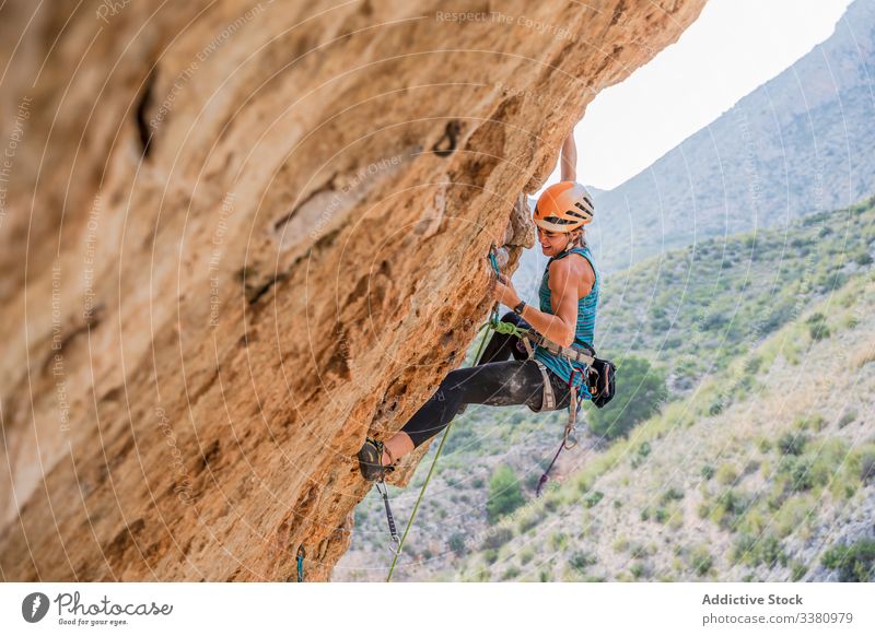 Konzentrierte junge Bergsteigerin, die im Sommer auf eine Klippe steigt Aufsteiger aufsteigen Frau Alpinist Berge u. Gebirge üben Klettern aktiv Bergsteigen