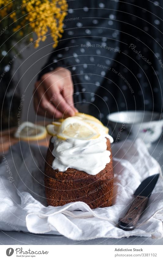 Hausfrau dekoriert Kuchen mit Zitronenscheiben selbstgemacht dekorieren Scheibe Hand Frau Lebensmittel backen Gebäck Zitrusfrüchte Zuckerguß geschmackvoll Küche