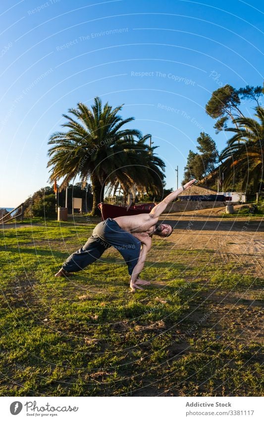 Starker Mann macht Yoga in einem Park Körperhaltung Natur Blauer Himmel Handfläche tropisch exotisch Gleichgewicht Dehnung Paradies ohne Hemd Frieden meditieren