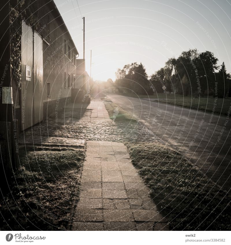 Dorfstraße im Gegenlicht Bürgersteig Sonnenlicht Sonnenuntergang Außenaufnahme Farbfoto Menschenleer Straße Licht Haus Abend leuchten Fassade Textfreiraum oben