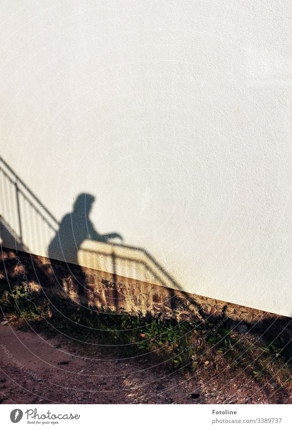 Schatten einer Frau auf einer Treppe mit Treppengeländer an einer Hauswand Licht & Schatten Architektur Gebäude Wand Mauer Außenaufnahme Tag Farbfoto Bauwerk