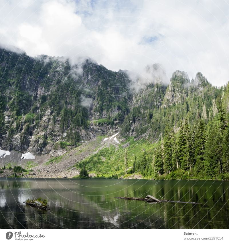 Bergsee Landschaft Nebel Himmel Berge u. Gebirge Holz Natur Wald Schneefeld Wasser Amerika USA Felsen Klippen Gebirgssee Washington State Lake 22 See