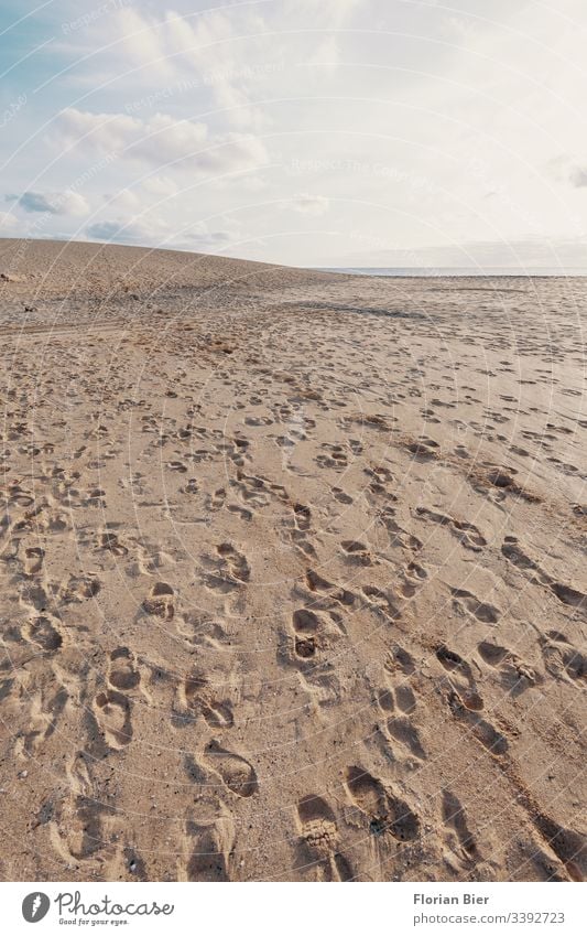 Fußspuhtren auf einer Sanddüne Fußspur Fußgänger Strand Düne Horizont Himmel Wolken Menschen Abdruck Schuhe hinterlassen Spaziergang Spuren Barfuß Einsamkeit