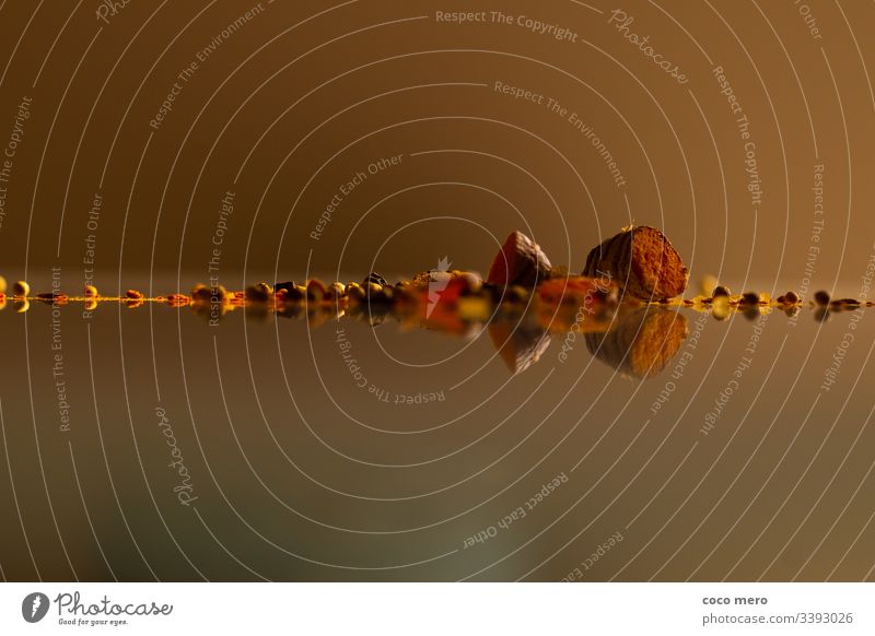 Gewürze Kurkuma und Curry Spiegelung gold orange Lebensmittel Farbfoto Studioaufnahme