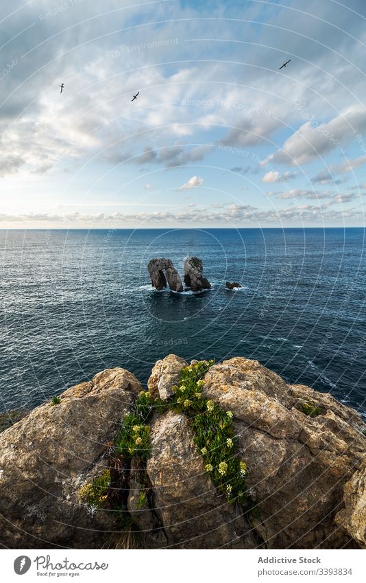 Friedliche Landschaft einer felsigen Bucht im Sonnenuntergang friedlich MEER Skyline Küstenlinie Natur Wasser Ausflugsziel Tourismus Meereslandschaft Klippe