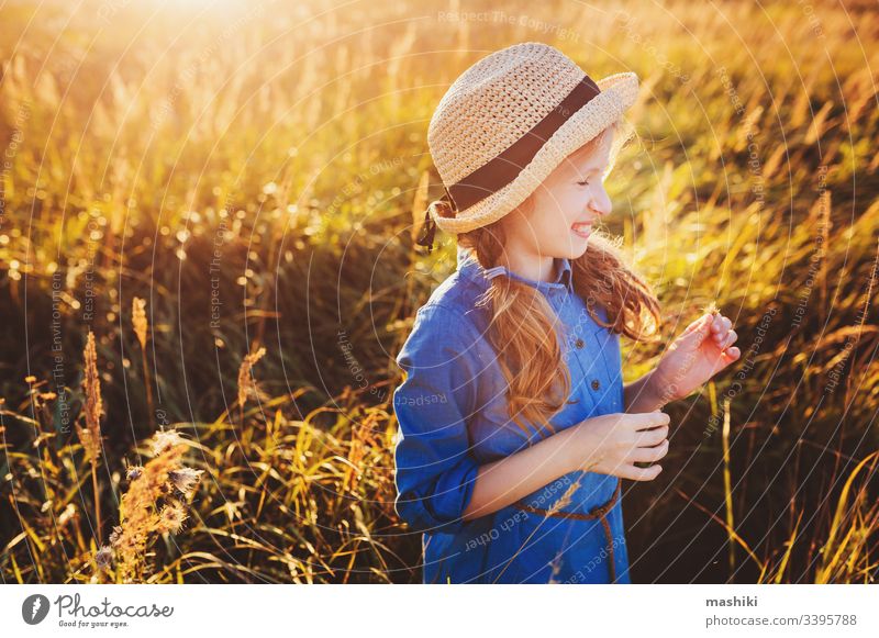 glückliches Mädchen in blauem Kleid und Stroh, das auf einer sonnigen Sommerwiese spazieren geht. Lifestyle-Aufnahme, ländliches Leben und Sommerreisekonzept