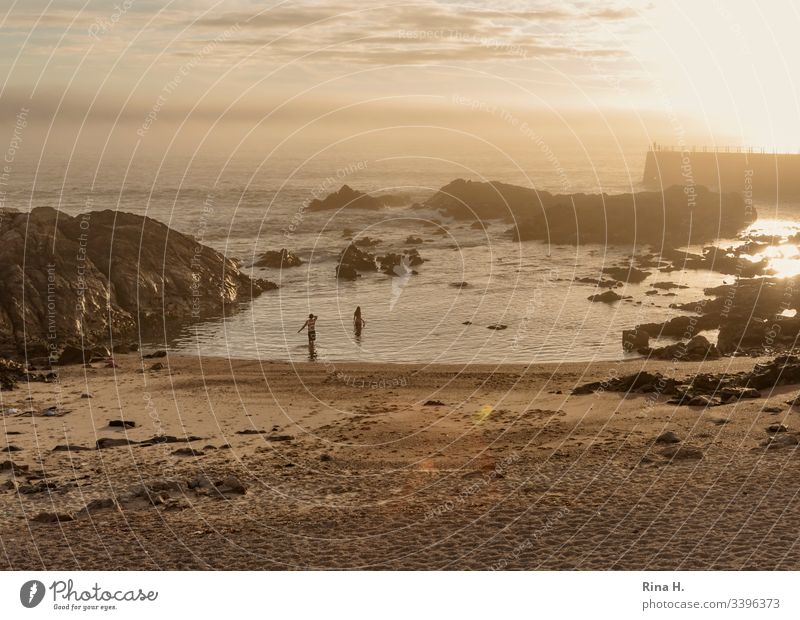 Strand in Porto bei Sonnenuntergang Portugal Strang Atlantik baden sonnenuntergang paar Schwimmende stimmung Urlaub Ferien Badeurlaub