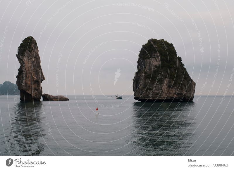 Hoch aufragende Kalksteinfelsen in der Halon Bay in Vietnam Halong Bay Meer hoch Landschaft Natur Wasser Asien Sehenswürdigkeit trüb düster bewölkt Horizont