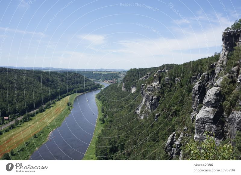 Blick über die Elbe und die Klippen der Sächsischen Schweiz auf die Stadt Wehlen Deutschland Europa Fluss Bastei Natur Landschaft Ansicht schön Wald