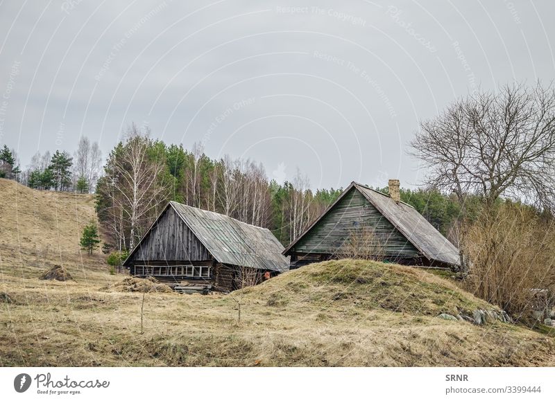 Alte Holzhäuser Wohnort agrestätisch architektonisch Architektur Nackter Baum Konstruktion Land Landschaft Wohnung Wohnungen Außenseite Weiler heimwärts Haus