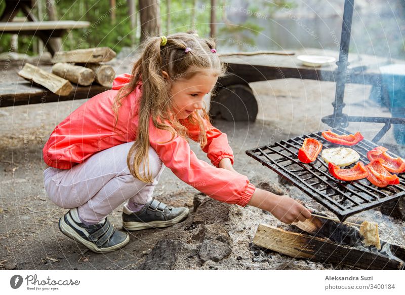 Mann und seine kleine Tochter grillen im Wald am felsigen Seeufer, machen ein Feuer, grillen Brot, Gemüse und Marshmallow. Familie erkundet Finnland. Skandinavische Sommerlandschaft.