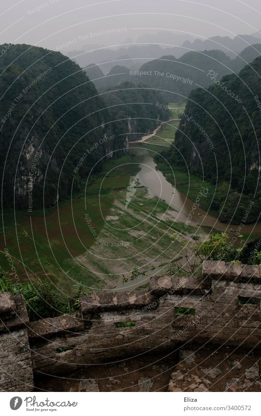 Aussicht auf ein Tal mit grüner Landschaft und Reisfelder vom Hang Mua Viewpoint in Ninh Binh, Vietnam vietnam aussicht Berg Weite Tourismus Sehenswürdigkeit