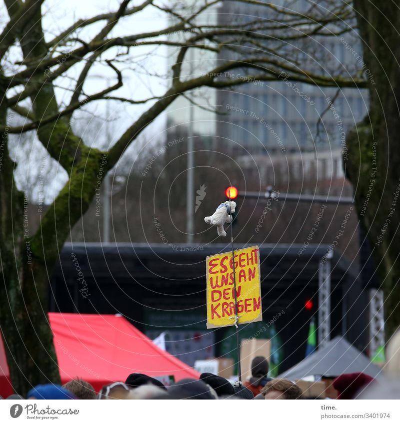 Jugendweisheit demonstration protest klimaschutz baum plakat stofftier kinderspielzeug hamburg hochhaus tageslicht bühne menschenmenge mahnung