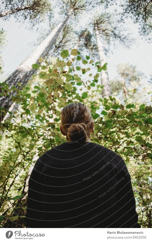 Frau, die im Wald mit langen Bäumen nach oben schaut antik Herbst Hintergrund schön blau Brücke Cloud farbenfroh Landschaft Umwelt Bauernhof Feld Laubwerk Gras