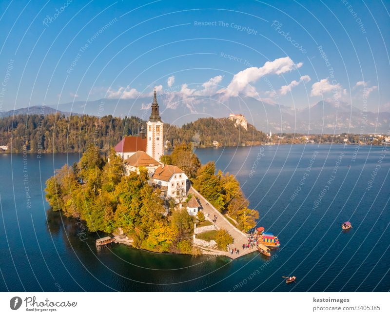 Luftaufnahme der Insel Bled auf dem Bleder See und der Bleder Burg und der Berge im Hintergrund, Slowenien. geblutet Berge u. Gebirge malerisch Wahrzeichen